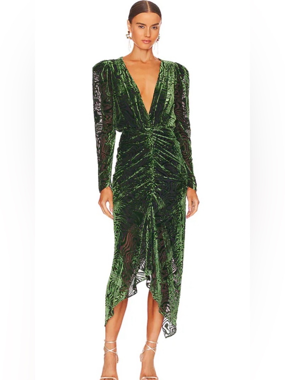 Ronny Kobo Astrid Dress In Green Deep Green Velvet Ruched V-Neck Midi Dress Med